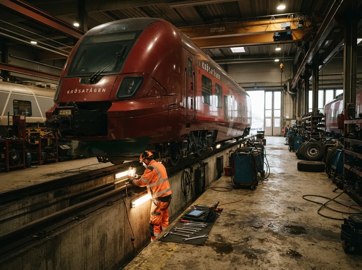 Tekniker inspekterar ett tåg från en verkstadsgrop